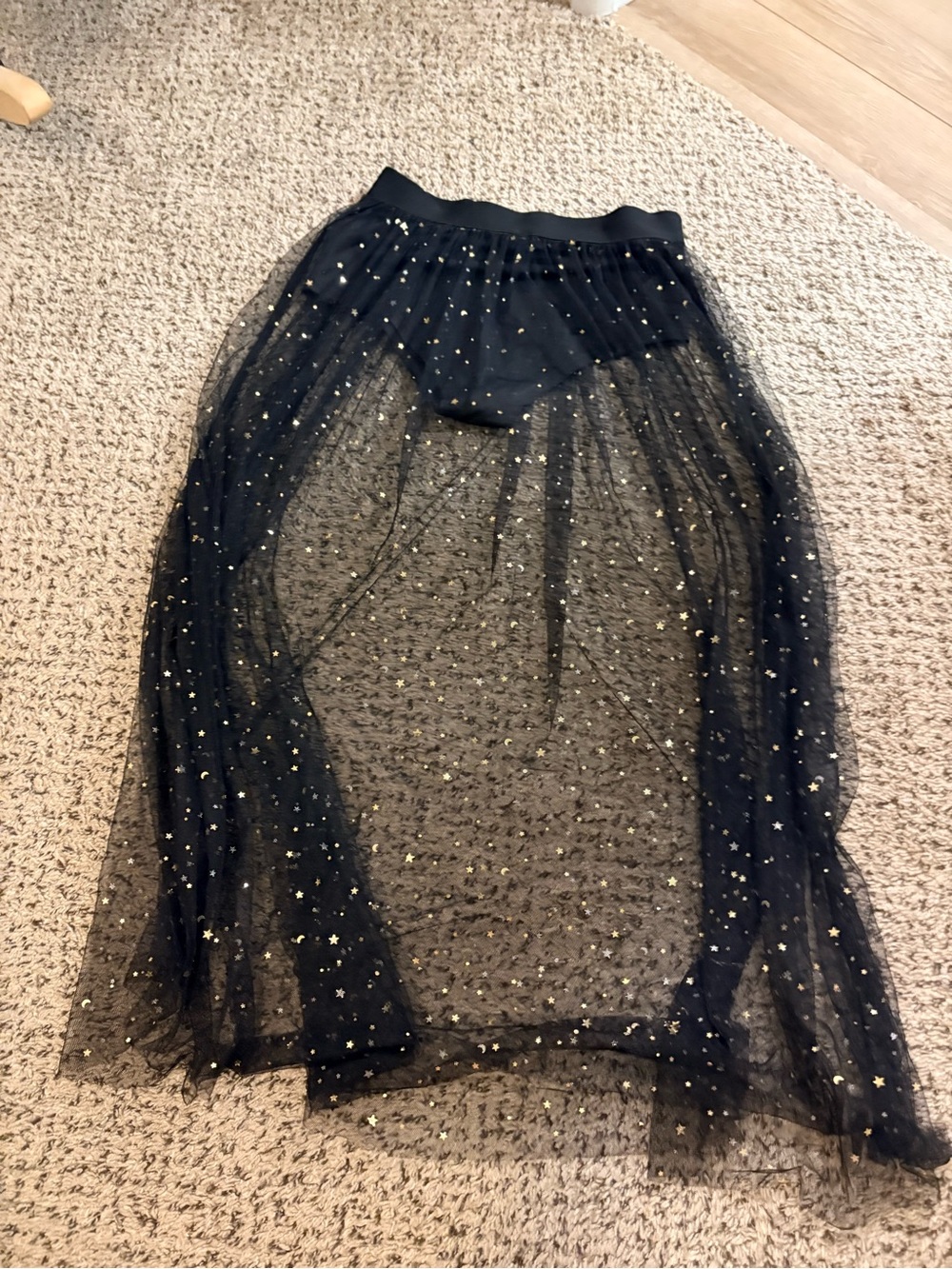 Sheer Black Tulle Skirt with Gold Star Accents